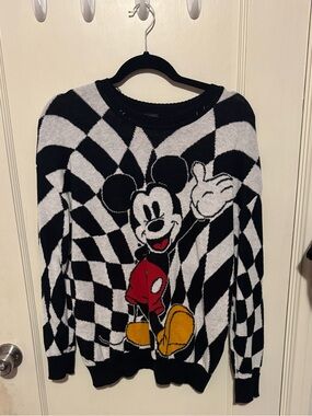 Black & White Checker Mickey Mouse Graphic Sweater with Red and Yellow Accents